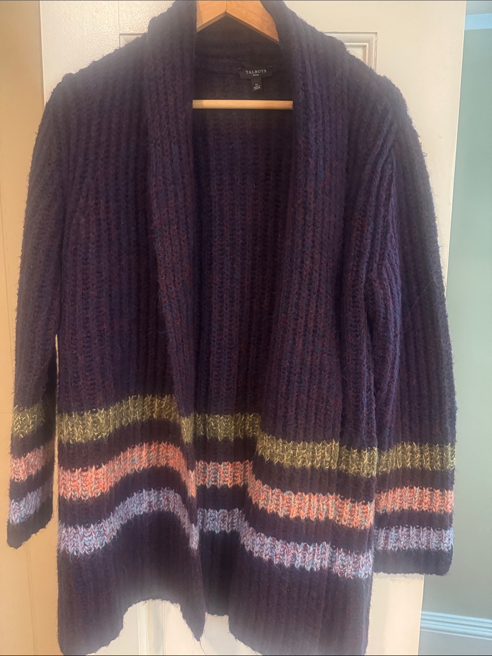 TALBOTS Deep Purple Open-Front Knit Cardigan with Olive, Peach & blue Stripes